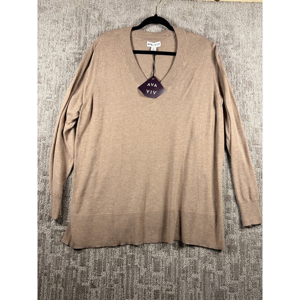 Ava & Viv V-Neck Sweater 2X Tan Long Sleeve Knit Top NWT